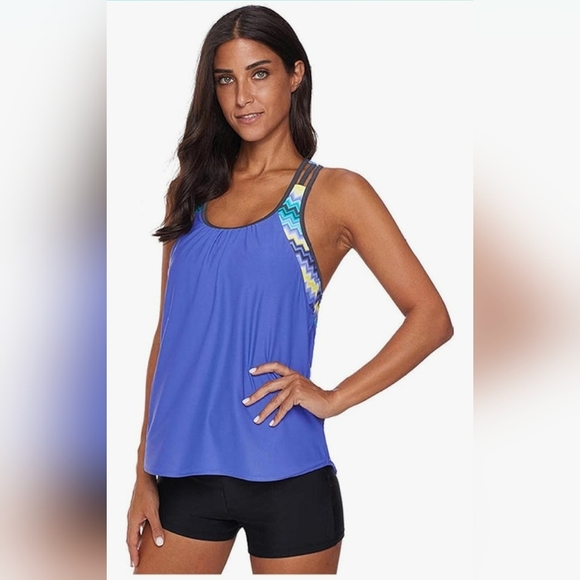 Swim Suit Side Racer Back Striped Printed Strappy T-Back Tankini Top Size Large - Picture 9 of 14